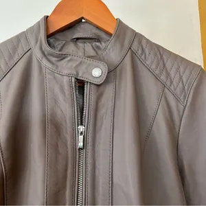 Cole Haan 100% Genuine Lambskin Leather Moto Jacket Lined‎ Biker Taupe Size M thumbnail 5