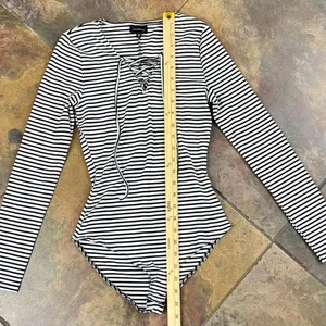 Who What Wear Black White Striped Lace Up Neck Long Sleeve Bodysuit XS thumbnail 7