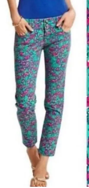 Lilly Pulitzer Worth Skinny Mini Pants Green Pink Floral Ankle Size 0 thumbnail 1