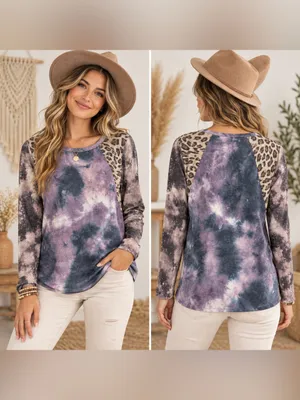 BiBi Tie-Dye Leopard Raglan Long Sleeve Top - Purple & Gray thumbnail 2