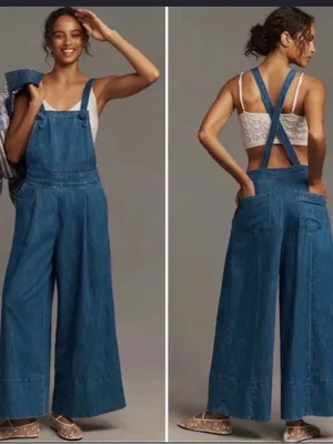 Maeve Blue Wide-Leg Denim Overalls with Crossback Straps thumbnail 2