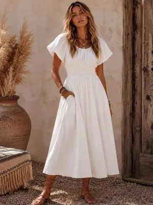 Skies Are Blue Off White Cotton Smocked Waist Maxi Dress with Pockets | Boutique NWT M thumbnail 8