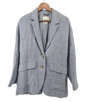 Madewell Blazer Womens Large Windowpane Plaid Light Blue Cotton Linen EUC thumbnail 1