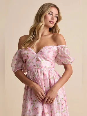 Lulus Sincerely Wondrous Pink Floral Puff Sleeve Tiered Midi Dress Size XL NWT thumbnail 4