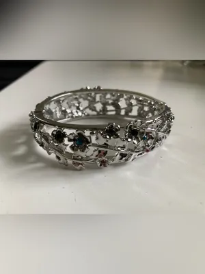 Silver Floral Bangle Bracelet w/ Pink, Green and Teal Crystal Accents thumbnail 5