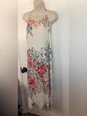 Billabong XS San Sebonne Floral Halter Maxi Dress Ivory Pink Crinkle Open Back thumbnail 4