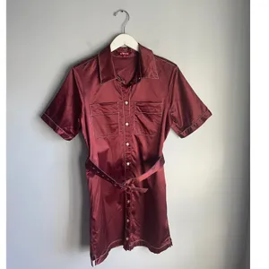 STAUD Bentley Burgundy Satin Short Sleeve Belted Mini Shirt‎ Dress Size M thumbnail 2