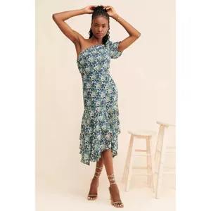 ASTR The Label Santorini Dress Medium Green‎ Blue Floral One Shoulder Midi thumbnail 2