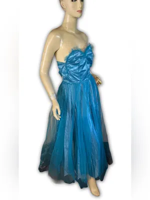 Vintage 1950'S Turquoise Blue Satin & Tulle Strapless Party Dress (Xs) thumbnail 3
