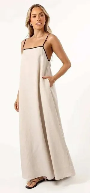 MVN Elliana Maxi Dress Beige Black Trim Linen Blend Relaxed Small thumbnail 1