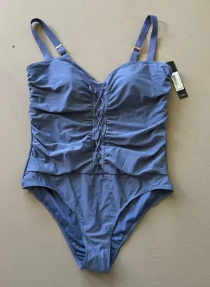 Nicole Miller Bandeau Ruched Lace Up One Piece Swimsuit thumbnail 1