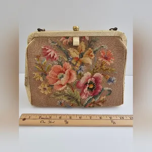 Vintage Souré Bag NY Tapestry Handbag - 1950s Floral Needlepoint & Gold Shimmer thumbnail 10