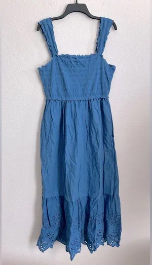 Betsey Johnson Smocked Embroidered Eyelet Midi Dress in Federal Blue, Size XL thumbnail 3