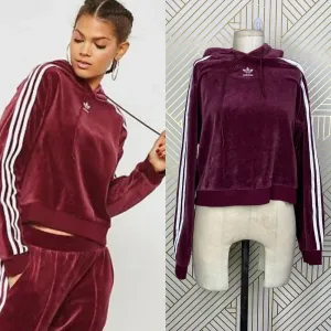 Adidas Originals Hoodie Sweatshirt Cropped Velour Purple Red Size US‎ Small thumbnail 2