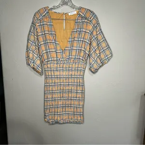 Mable Southern Peach Plaid Deep V Neck Smocked Skirt Puff‎ Sleeve Mini Dress thumbnail 2