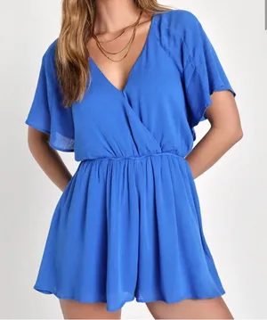 ⚜️ 3/$25 ⚜️ NWOT Lulus Blue Strappy Surplice Flutter Sleeve Romper, size XS thumbnail 1