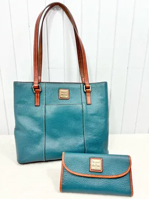Dooney & Bourke Teal Brown Pebble Leather Tote & Matching Wallet Set thumbnail 1