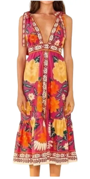 Farm Rio xl new flower tapestry midi dress Floral Tie-Shoulder pink guest party thumbnail 1