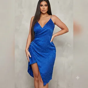 Asymmetric Royal Blue Flirty High/Low Lined Rouched Satin Animal Print Dress - NEW w/Tags thumbnail 2
