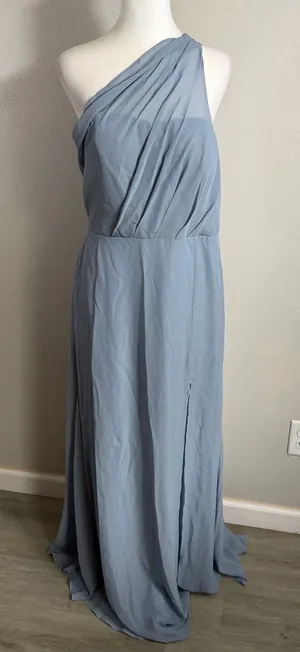 NWT Birdy Grey Kira Chiffon One Shoulder Dusty Blue Bridesmaid Dress Womens L thumbnail 1