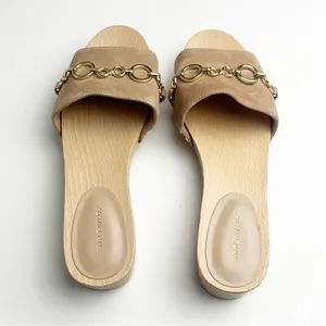ANN TAYLOR Missy Leather Dominican Sand Chain Wooden Mule Clog Slides, Size 7 thumbnail 5