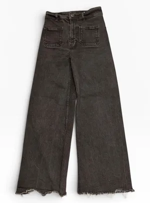 Zara The Patch Pockets Marine Straight Jeans Black High Waist Wide Leg Raw Hem 4 thumbnail 1