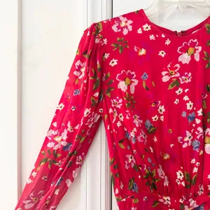 Sau Lee Red Floral Print Ruched Skirt Long Sleeve Fitted Sheath Mini Dress 2 thumbnail 5