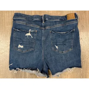 American Eagle High V-Rise Shortie Distressed Denim Shorts Size 16 Blue Stretch thumbnail 2