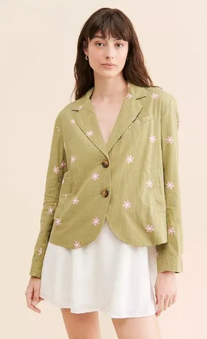 NWT $198 Free People Cali‎ Printed Blazer Jacket XS Green Daisy Flower Pink thumbnail 1