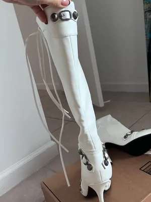 White Knee High Stiletto Boots | Y2K Moto Buckle Pointed Toe Cyber Glam Size 40 thumbnail 5