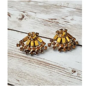Vintage Clip On Earrings Orange & Amber Tone Gems Fan Shape Statement Earrings thumbnail 2
