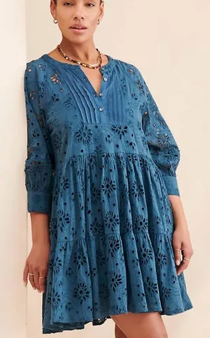 Anthropologie dRA Yara‎ Draped Blue Eyelet Blouse Mini Dress Size Small thumbnail 1