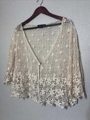 Chris McLaughlin Crochet Lace Floral Cardigan Shrug Cream Plus Size 2X thumbnail 2