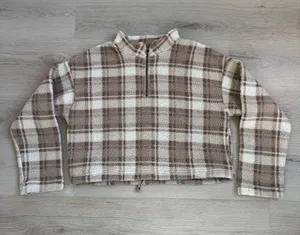 Love Tree beige cream plaid cropped sherpa teddy quarter zip pullover size small thumbnail 1