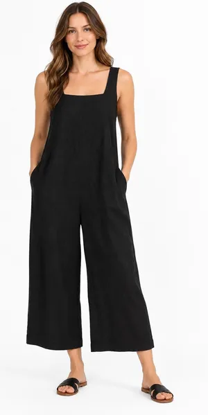 Halston Black Linen Blend Wide Leg Jumpsuit Square Neck Pockets 10 thumbnail 1