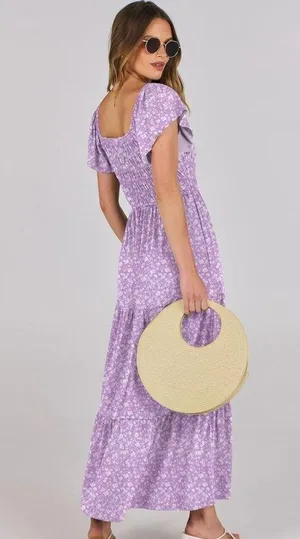 NEW Flutter Sleeve Scoop Neck Smocked Tiered A Line Flowy Maxi dress S thumbnail 2