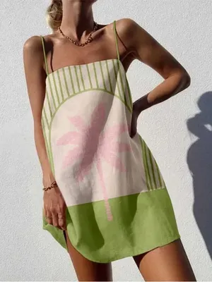 Shein Green & Cream Cabana Striped Pink Palm lightweight Beach Dress thumbnail 1
