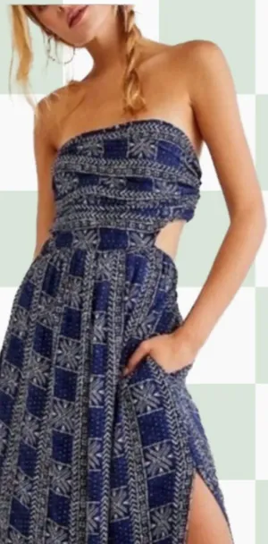 Free People Peyton Maxi Dress features a navy blue and cream geometric print thumbnail 1