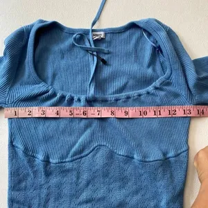 Garage Blue Ribbed Tie Front Long Sleeve Crop Top Size Medium Y2K Coquette thumbnail 5
