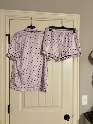Pink and black polka dot satin pajama set Worn a few times Size M #polkadot thumbnail 2
