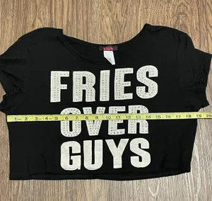 Blush Blinged Fries Over Guys Cropped T-shirt Black With White Writing Large thumbnail 7