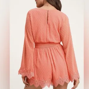 NWT Lulus Meadowlake Coral‎ Orange Swiss Dot Lace Bell Sleeve Romper Size SMALL thumbnail 4