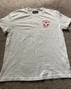 Women’s Bershka White Crewneck Tee with Red Lifesaver Chest Graphic thumbnail 1