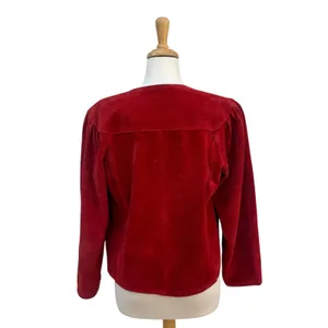 VTG 80s Suede Leather Jacket M Red Open Front Pleated Shoulder Bold Chic Casual thumbnail 4