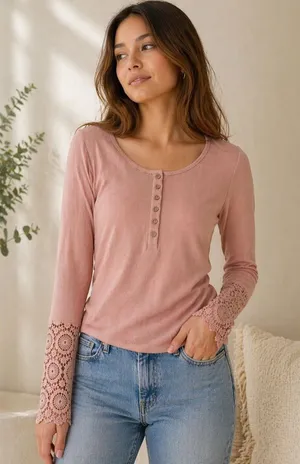 Amazon Women's Long Sleeve Henley Top with Crochet Cuffs - Rose thumbnail 1