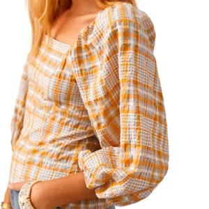 Like New Anthropologie Maeve Square Neck Puff Sleeve Seersucker Plaid Top Medium thumbnail 3