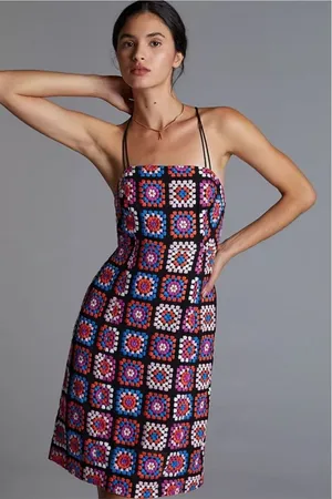 Anthropologie Granny Square Black Multi Crochet-Pattern Midi Dress Embroidered thumbnail 1