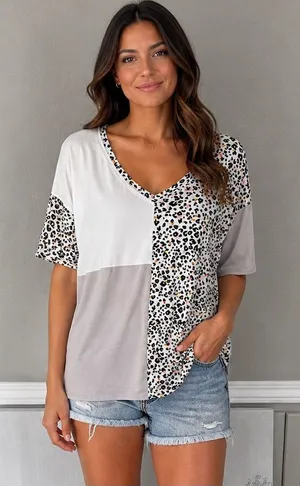 Entro Two-Tone Leopard Patchwork V-Neck Top - White, Taupe, Black thumbnail 1