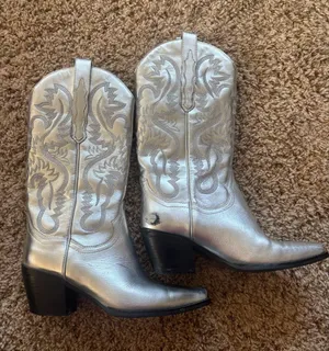Silver Western Embroidered Cowboy Boots Size 8 thumbnail 1