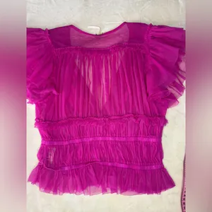 Free People Pink Ruffled Cap Sleeve Crop Blouse thumbnail 8